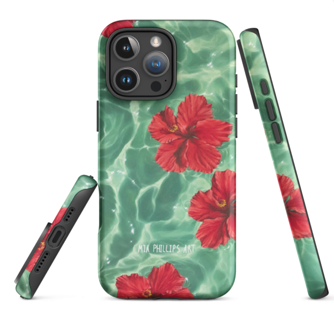 Phone case with red floral hibiscus design on a green water background