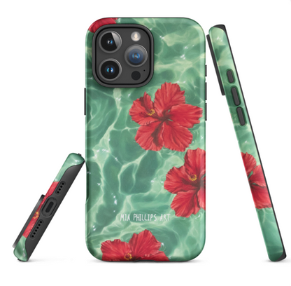 Phone case with red floral hibiscus design on a green water background